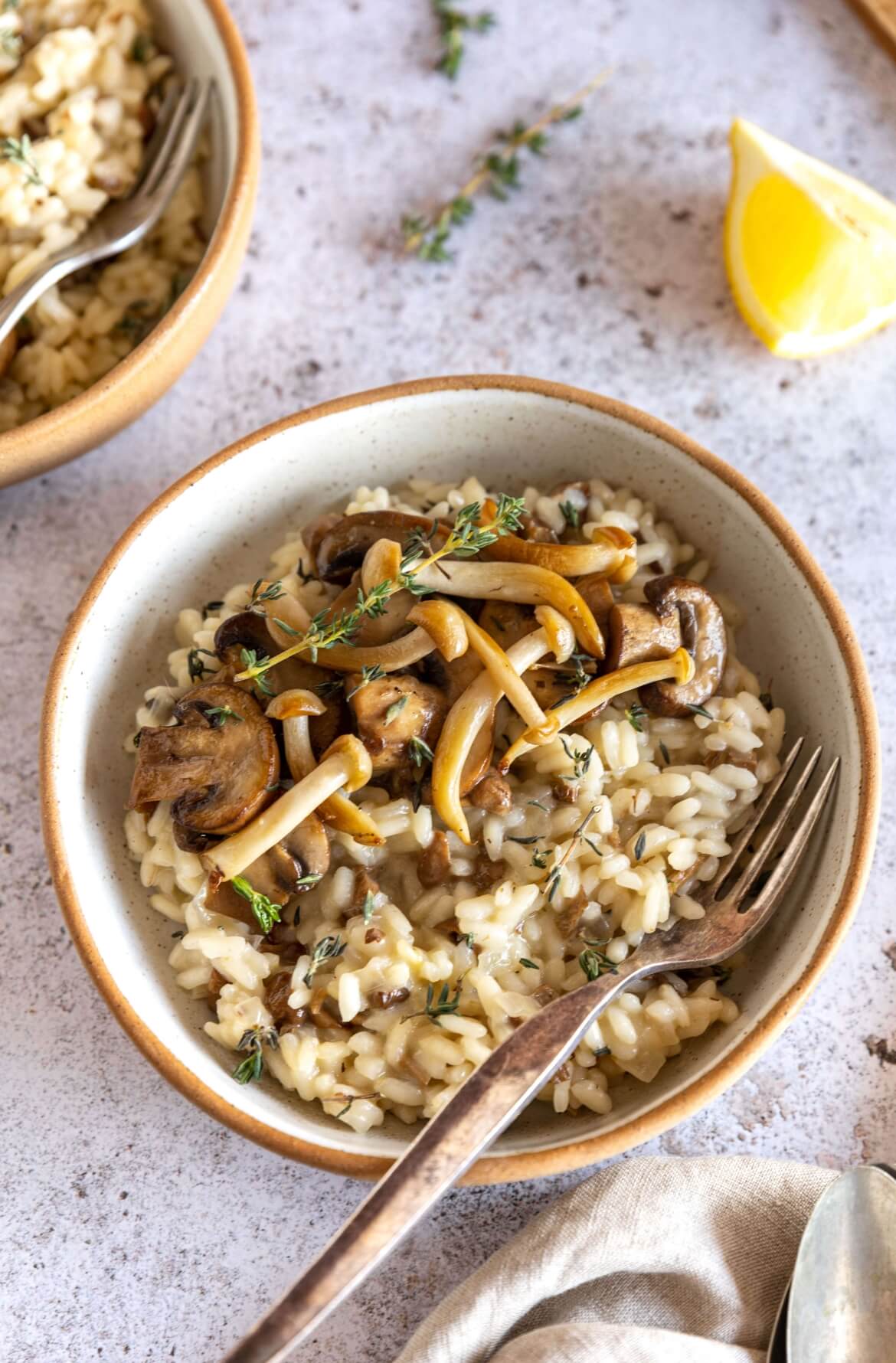 taça com garfo e risotto de cogumelos